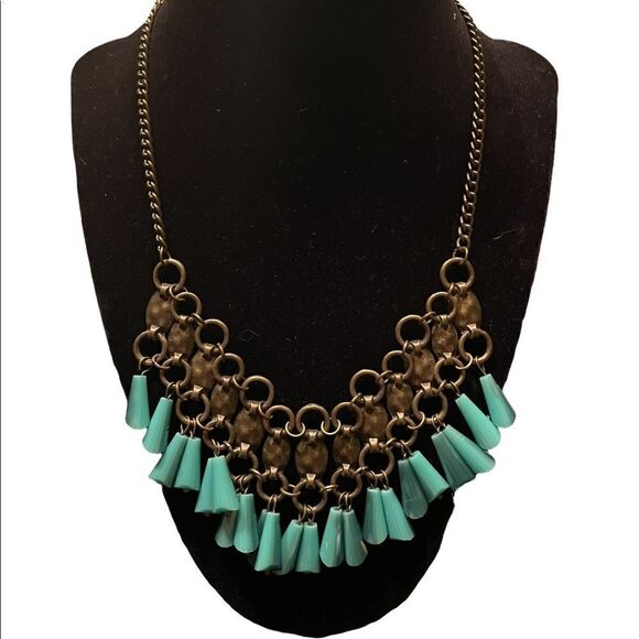 Plunder oxidized brass necklace with teal beads - Picture 1 of 3
